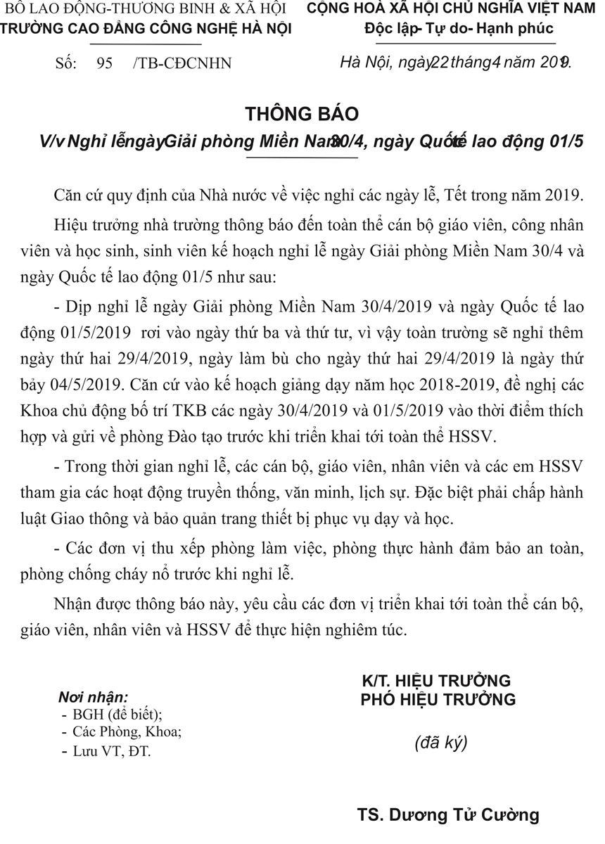 Thông báo nghỉ lễ 30 tháng 4 và mùng 1 tháng 5